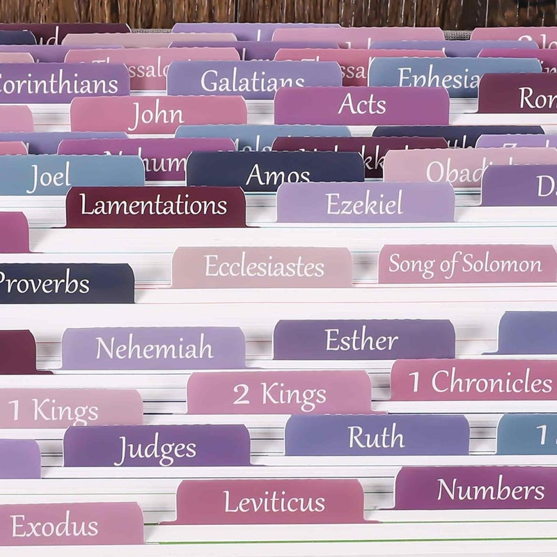 thinkor Laminated & Repostion Bible Tabs, Large Print Christian Gift for Women and Men, Easy to Read and Apply Bible Journaling Tabs (Purple & Pink Print) - Image 2